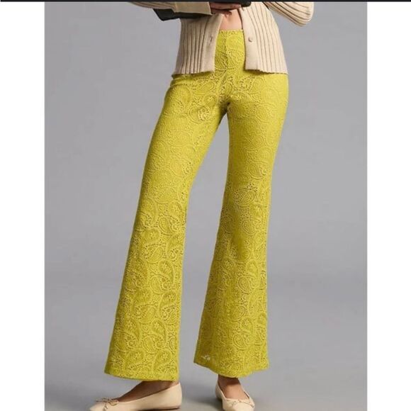 NWT Anthropologie Flared Lace Pants Size 2 Lined Green Yellow - Picture 3 of 13
